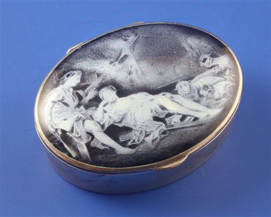 An early 20th century continental 935 standard silver and enamel oval pill box, 2.25in.